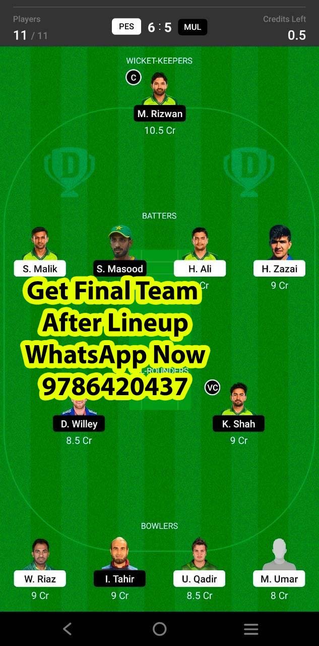 PES vs MUL 13th Match Dream11 Team fantasy Prediction Super League T20