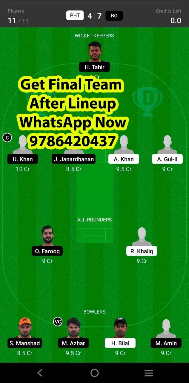 PHT vs BG Quarter Final Match Dream11 Team fantasy Prediction Sharjah CBFS T10