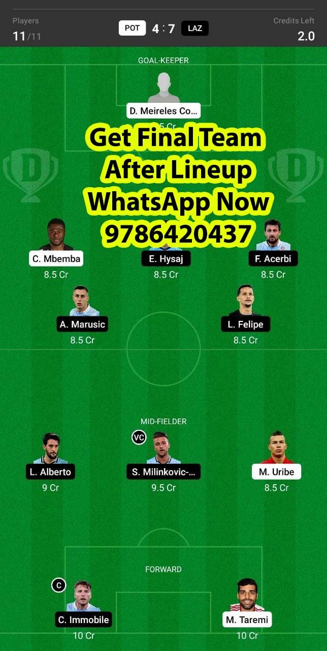 POT vs LAZ Dream11 Team fantasy Prediction Europa League