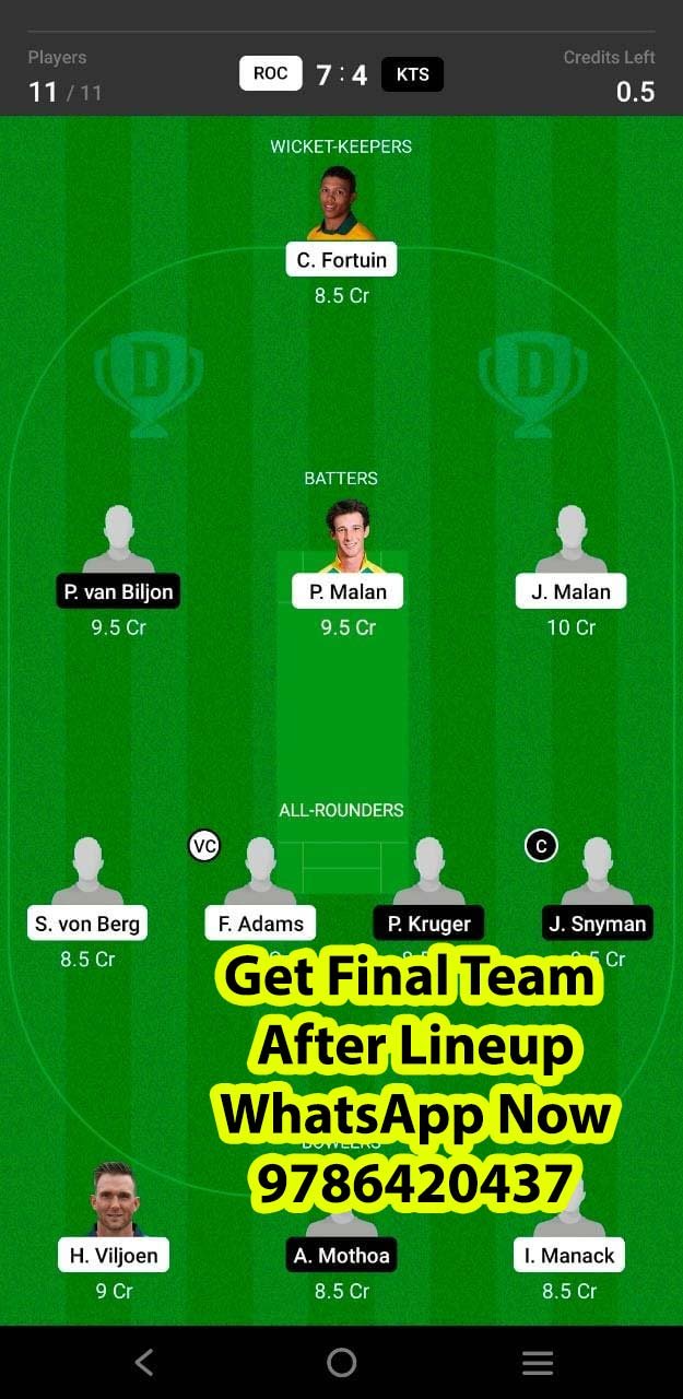 ROC vs KTS 26th Match Dream11 Team fantasy Prediction South African T20 Challenge