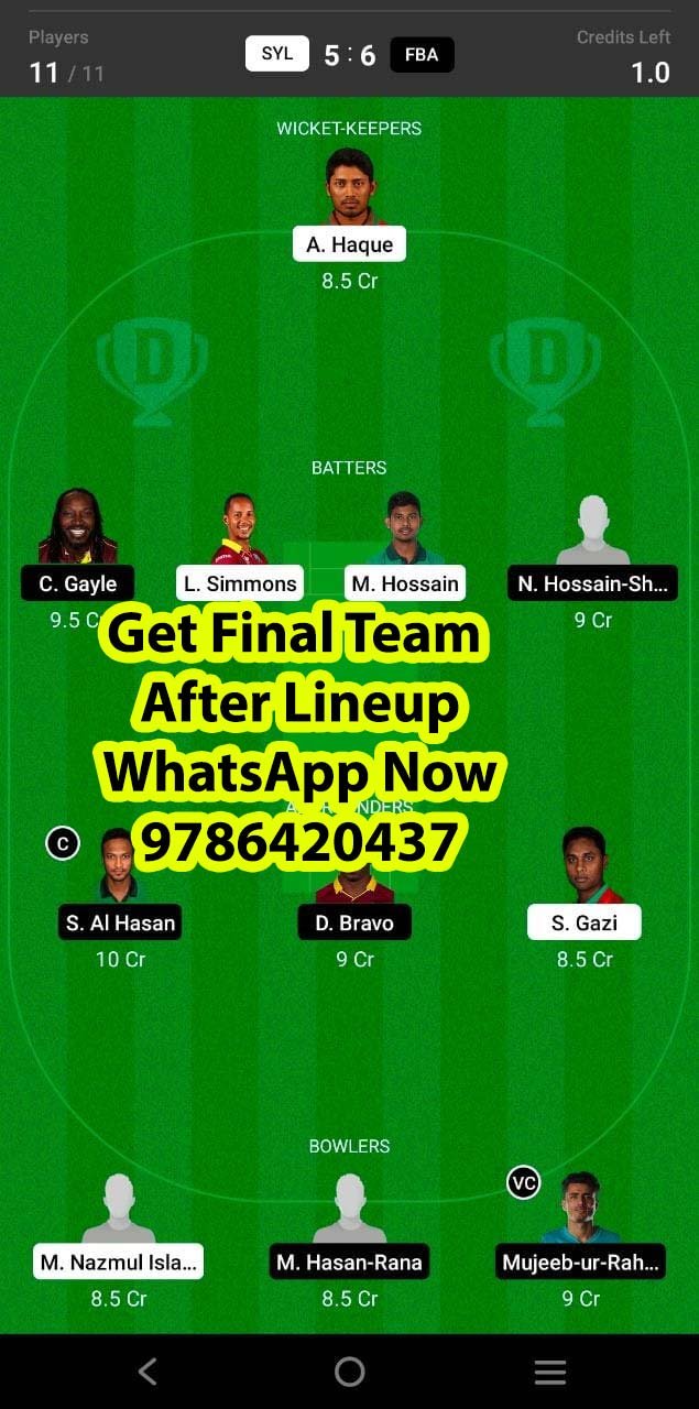 SYL vs FBA 19th Match Dream11 Team fantasy Prediction Bangladesh T20 League