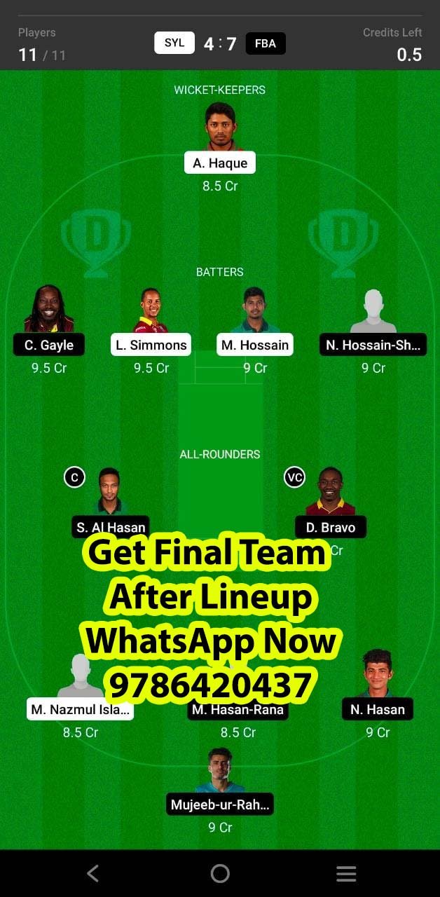 SYL vs FBA 24th Match Dream11 Team fantasy Prediction Bangladesh T20 League