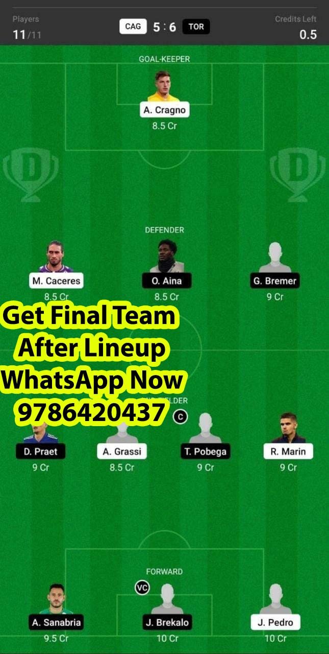 TOR vs CAG Dream11 Team fantasy Prediction Serie A