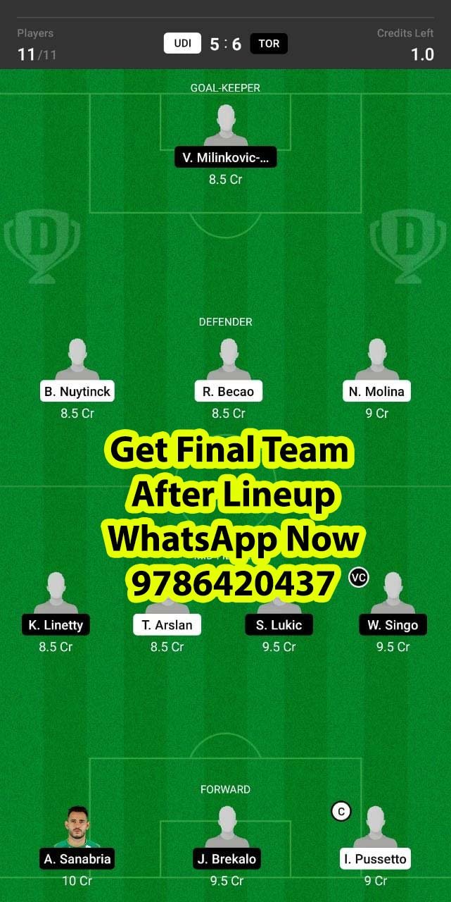 UDI vs TOR Dream11 Team fantasy Prediction Serie A