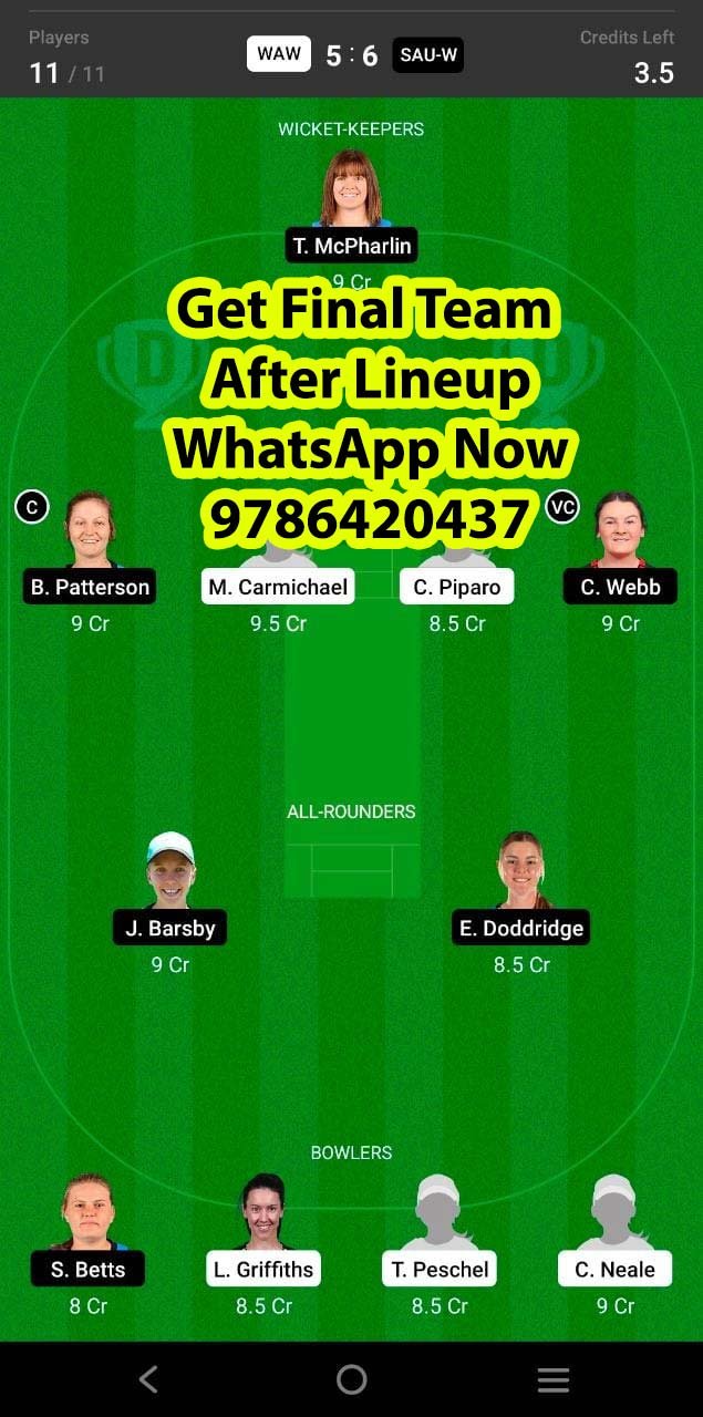 WAW vs SAU-W 8th Match Dream11 Team fantasy Prediction Australia Women's ODD