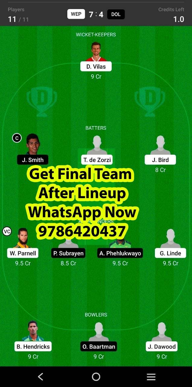 WEP vs DOL 27th Match Dream11 Team fantasy Prediction South Africa T20 Challenge
