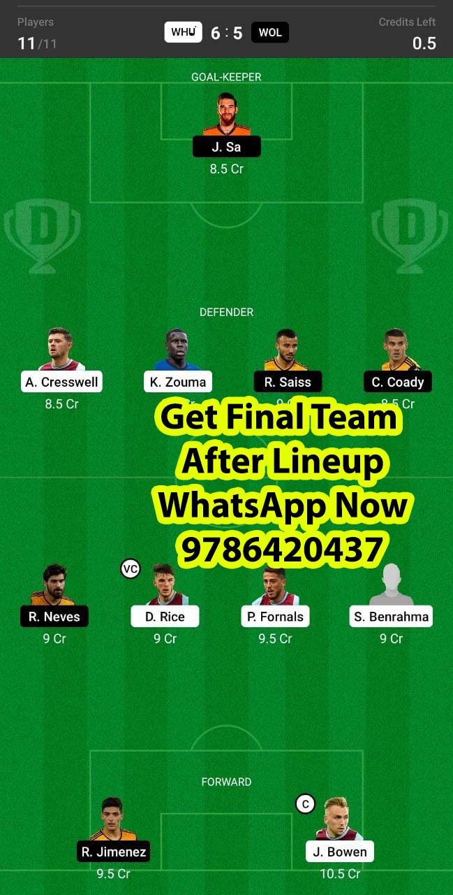 WHU vs WOL Dream11 Team fantasy Prediction Premier League