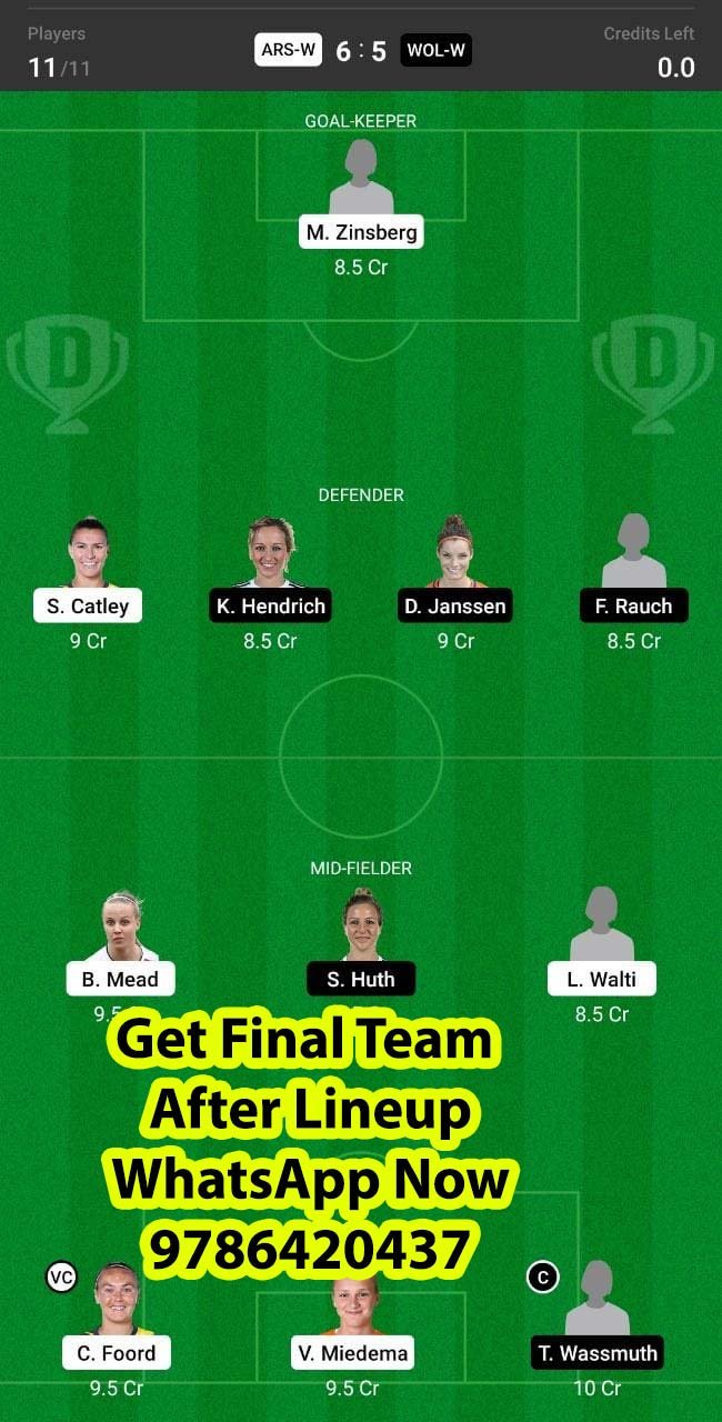 ARS-W vs WOL-W Dream11 Team fantasy Prediction Womens Champions League