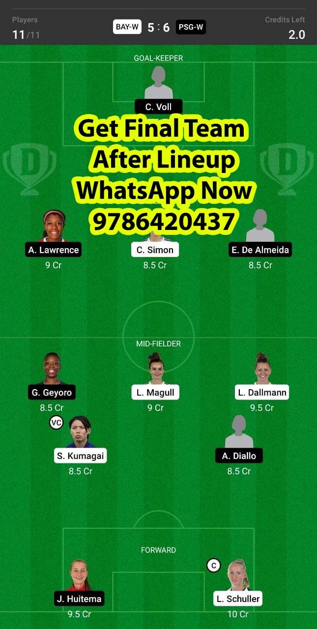 BAY-W vs PSG-W Dream11 Team fantasy Prediction Womens Champions League