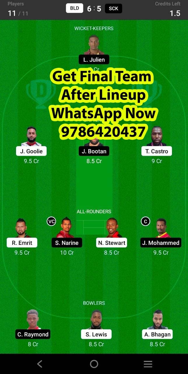 BLD vs SCK 25th Match Dream11 Team fantasy Prediction Dream11 Trinidad T10 Blast