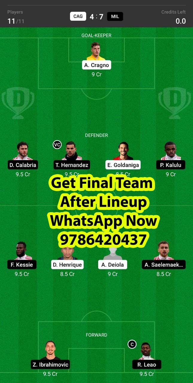 CAG vs MIL Dream11 Team fantasy Prediction Serie A