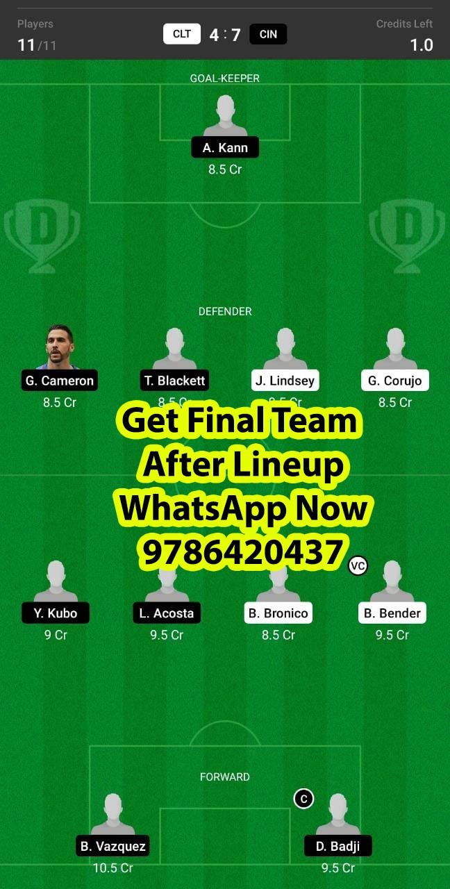 CLT vs CIN Dream11 Team fantasy Prediction Major Soccer League