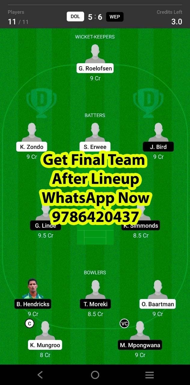 DOL vs WEP 15th Match Dream11 Team fantasy Prediction South African One-Day Cup