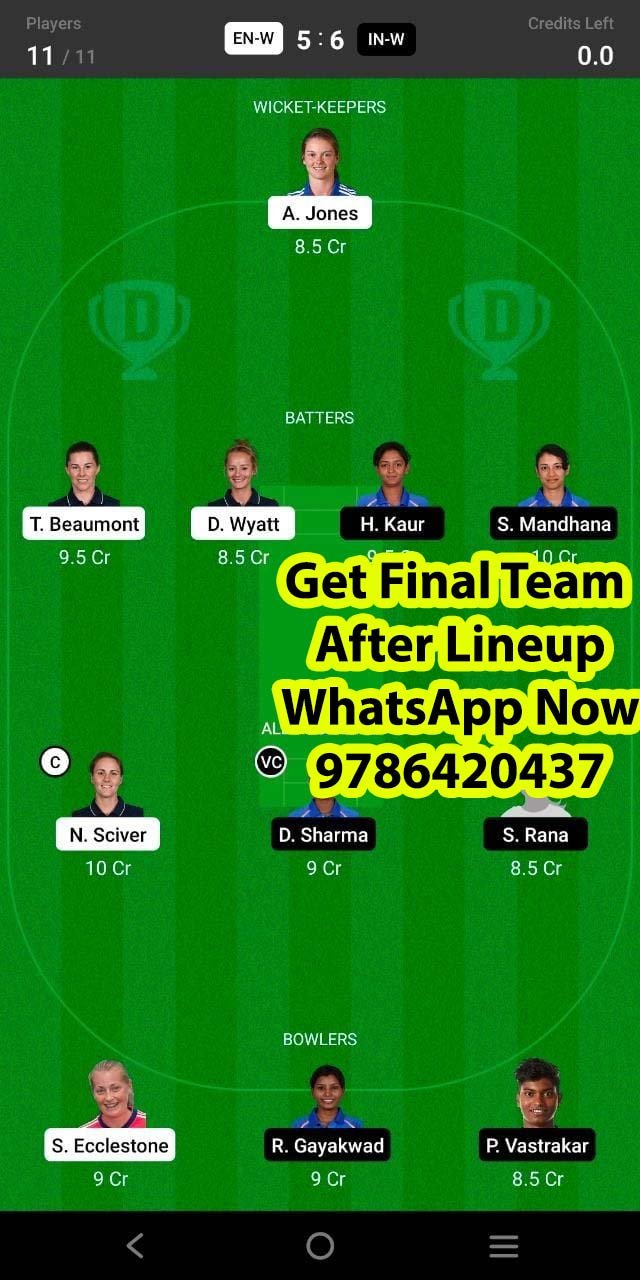 EN-W vs IN-W 15th Match Dream11 Team fantasy Prediction ICC Women's ODI World Cup