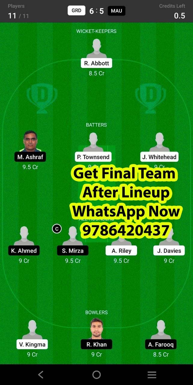 GRD vs MAU 17th Match Dream11 Team fantasy Prediction FanCode ECS T10 - Cartama