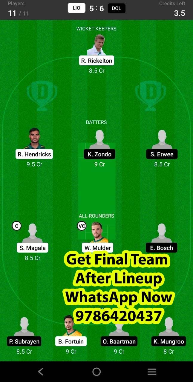 LIO vs DOL 19th Match Dream11 Team fantasy Prediction South African One-Day Cup