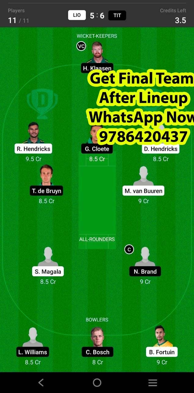 LIO vs TIT 24th Match Dream11 Team fantasy Prediction South Africa One-Day Cup