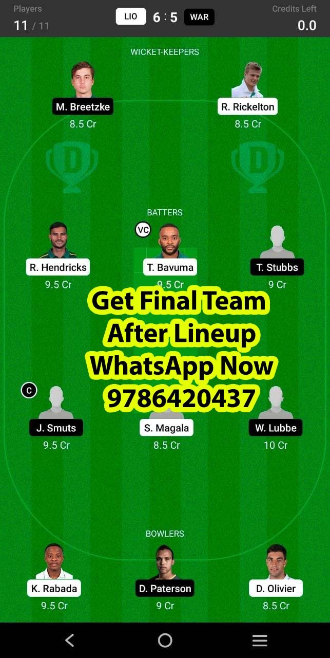 LIO vs WAR 2nd Match Dream11 Team fantasy Prediction South Africa One-Day Cup