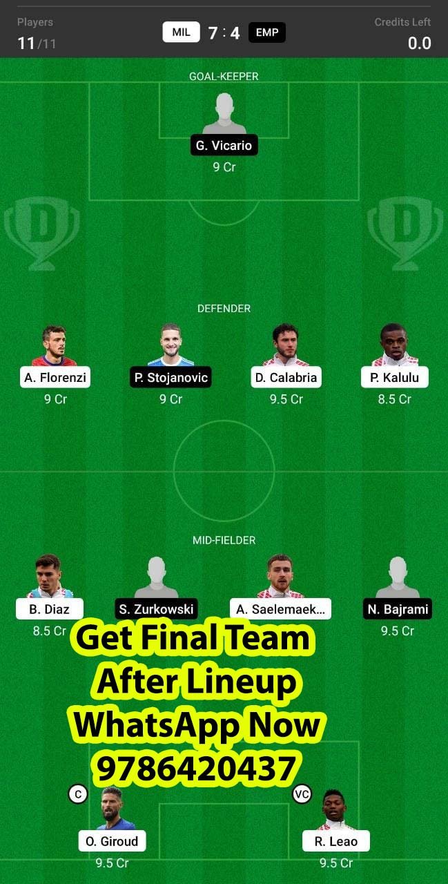 MIL vs EMP Dream11 Team fantasy Prediction Serie A