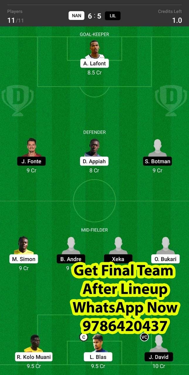 NAN vs LIL Dream11 Team fantasy Prediction Ligue 1