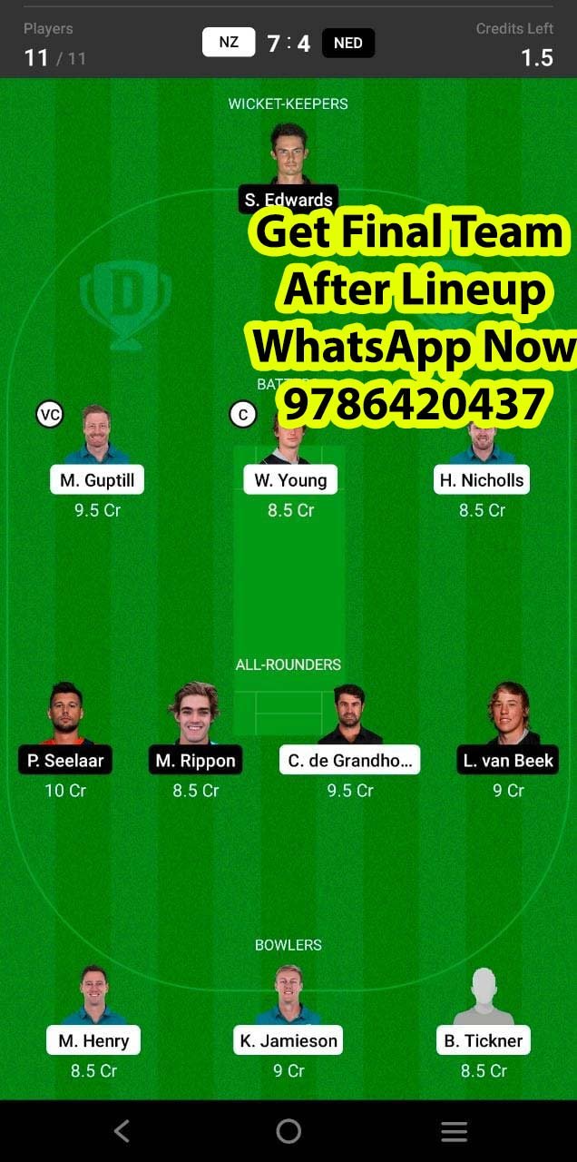 NZ vs NED 2nd ODI Match Dream11 Team fantasy Prediction Netherlands tour of New Zealand