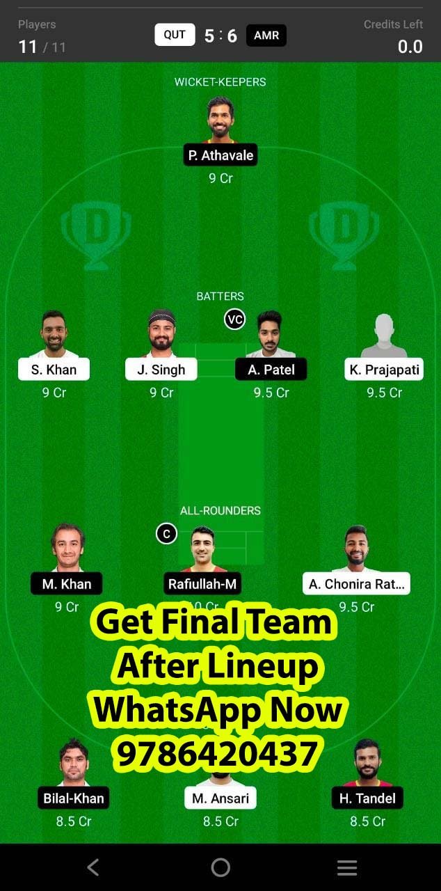 QUT vs AMR 34th Match Dream11 Team fantasy Prediction FanCode Oman D10