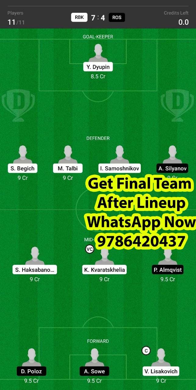 RBK vs ROS Dream11 Team fantasy Prediction Russian Premier League