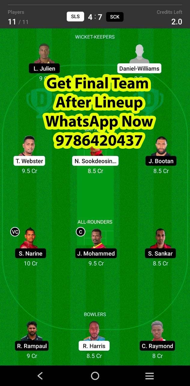 SLS vs SCK 29th Match Dream11 Team fantasy Prediction Dream11 Trinidad T10 Blast