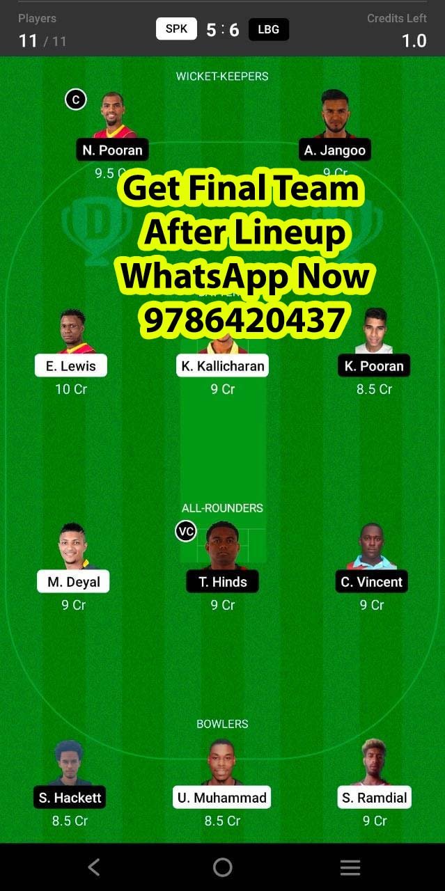 SPK vs LBG 26th Match Dream11 Team fantasy Prediction Dream11 Trinidad T10 Blast