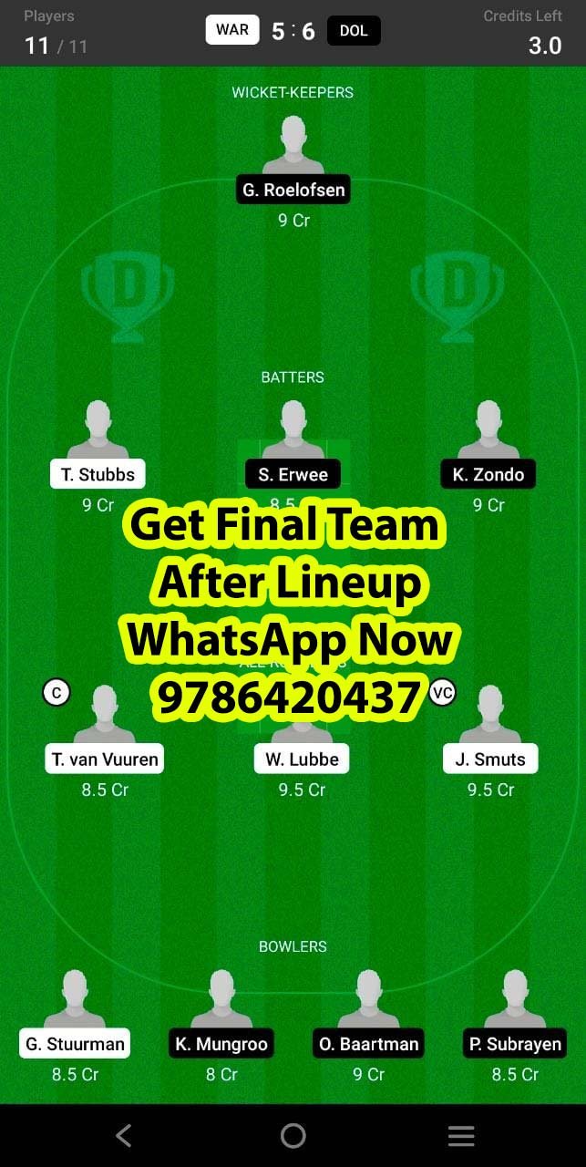 WAR vs DOL 12th Match Dream11 Team fantasy Prediction South African One-Day Cup