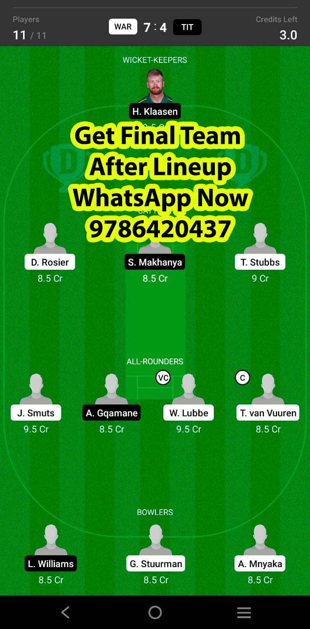 WAR vs TIT 16th Match Dream11 Team fantasy Prediction South African One-Day Cup
