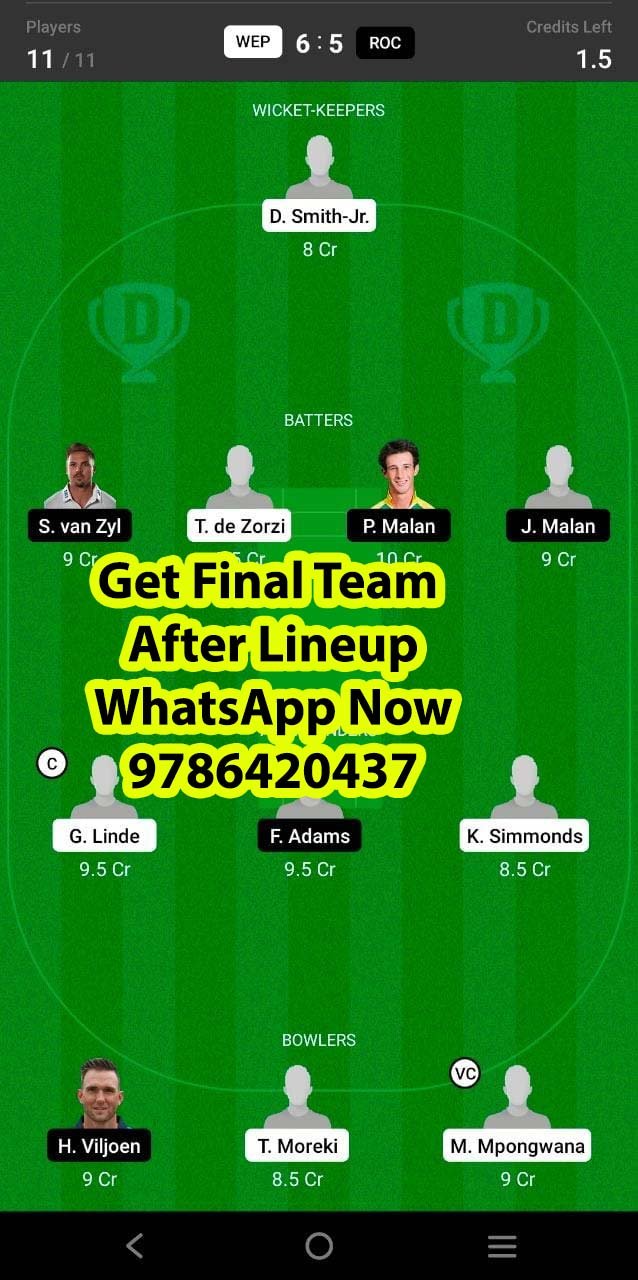 WEP vs ROC 23rd Match Dream11 Team fantasy Prediction South Africa One-Day Cup