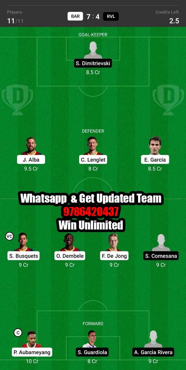 BAR vs RVL Dream11 Team fantasy Prediction LaLiga Santander