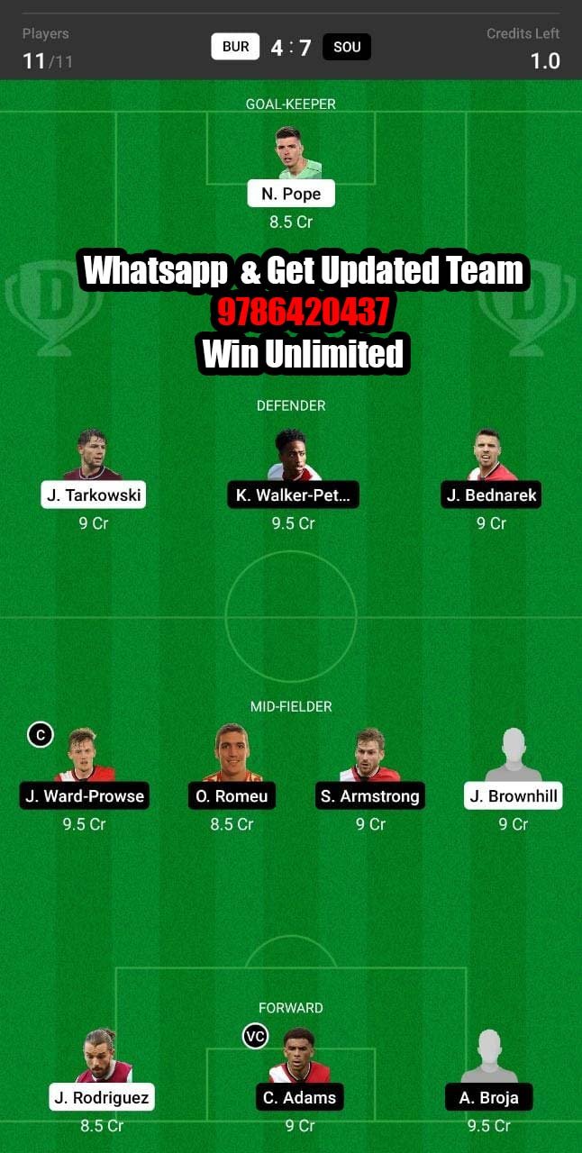 BUR vs SOU Dream11 Team fantasy Prediction Premier League