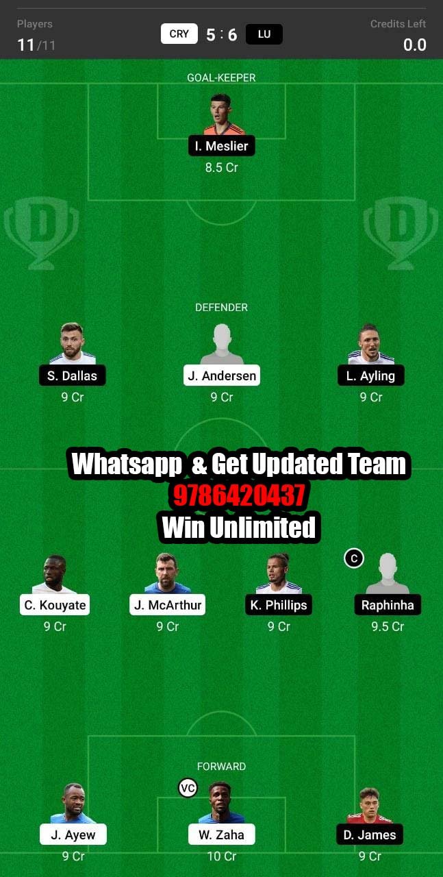 CRY vs LU Dream11 Team fantasy Prediction Premier League