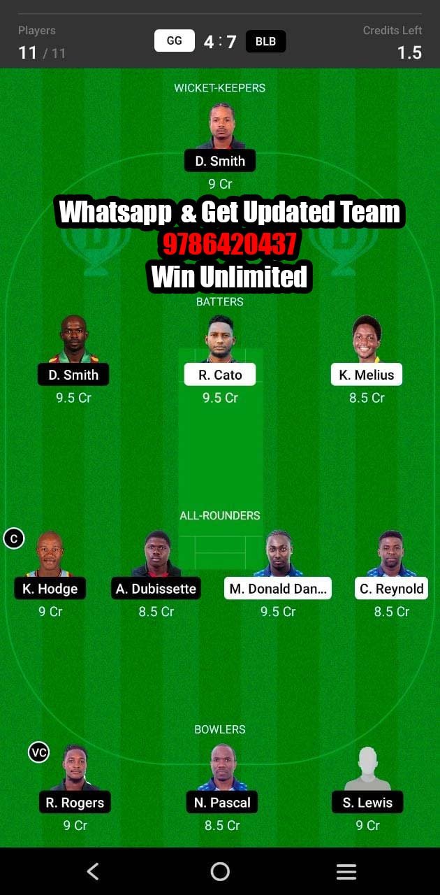 GG vs BLB 15th Match Dream11 Team fantasy Prediction Dream11 Spice Isle T10