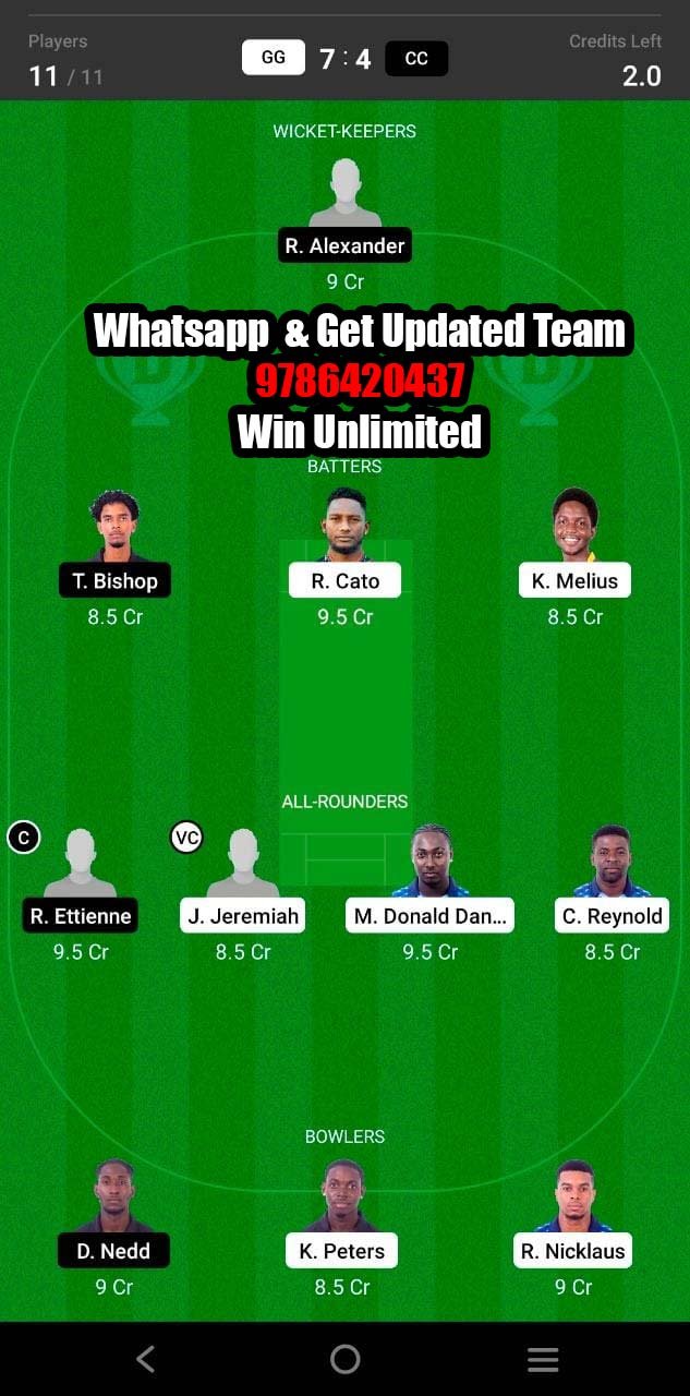 GG vs CC 17th Match Dream11 Team fantasy Prediction Dream11 Spice Isle T10