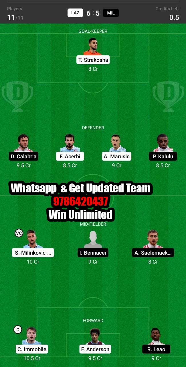 LAZ vs MIL Dream11 Team fantasy Prediction Serie A