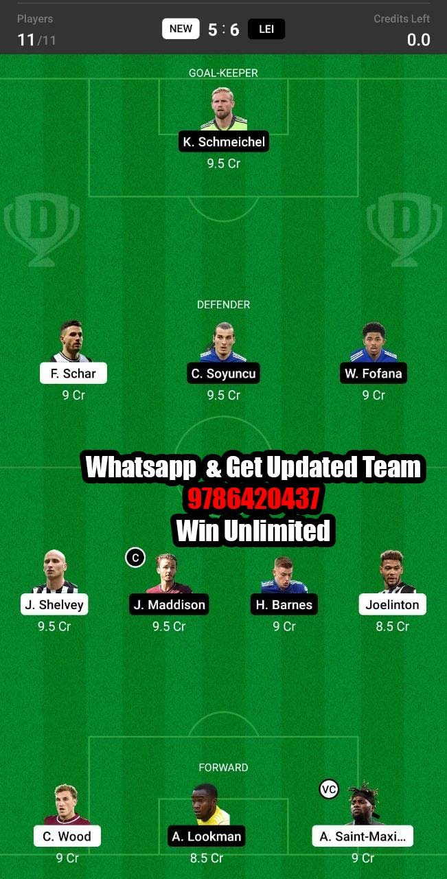 NEW vs LEI Dream11 Team fantasy Prediction Premier League