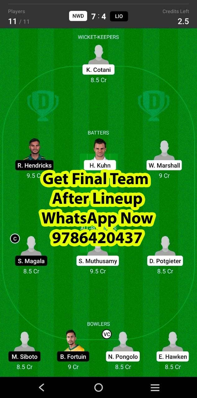 NWD vs LIO 27th Match Dream11 Team fantasy Prediction South African One-Day Cup