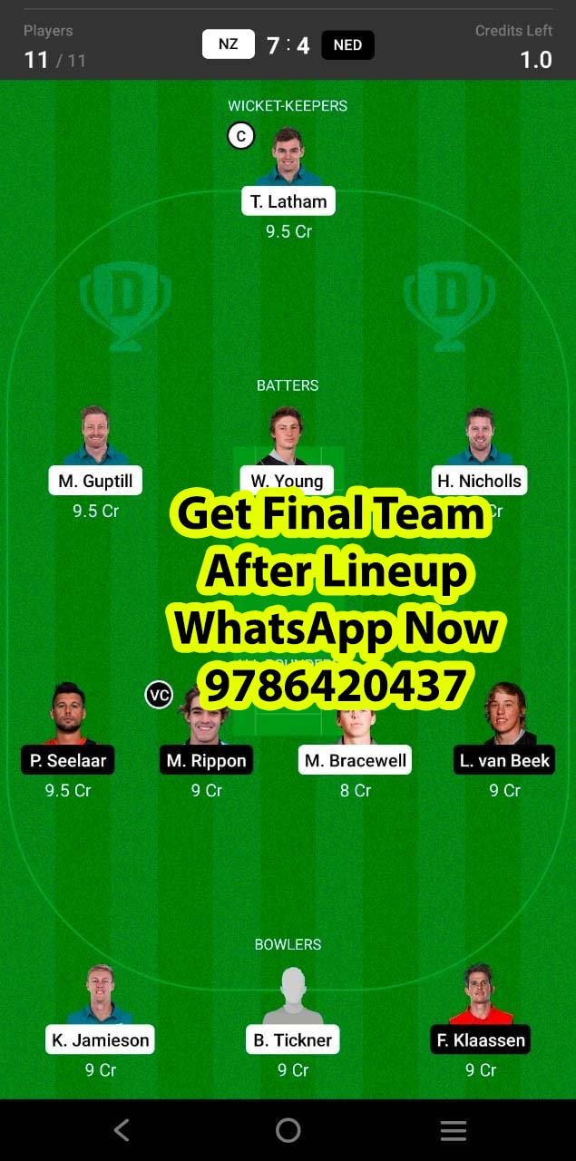 NZ vs NED 3rd Match Dream11 Team fantasy Prediction Netherlands tour of New Zealand