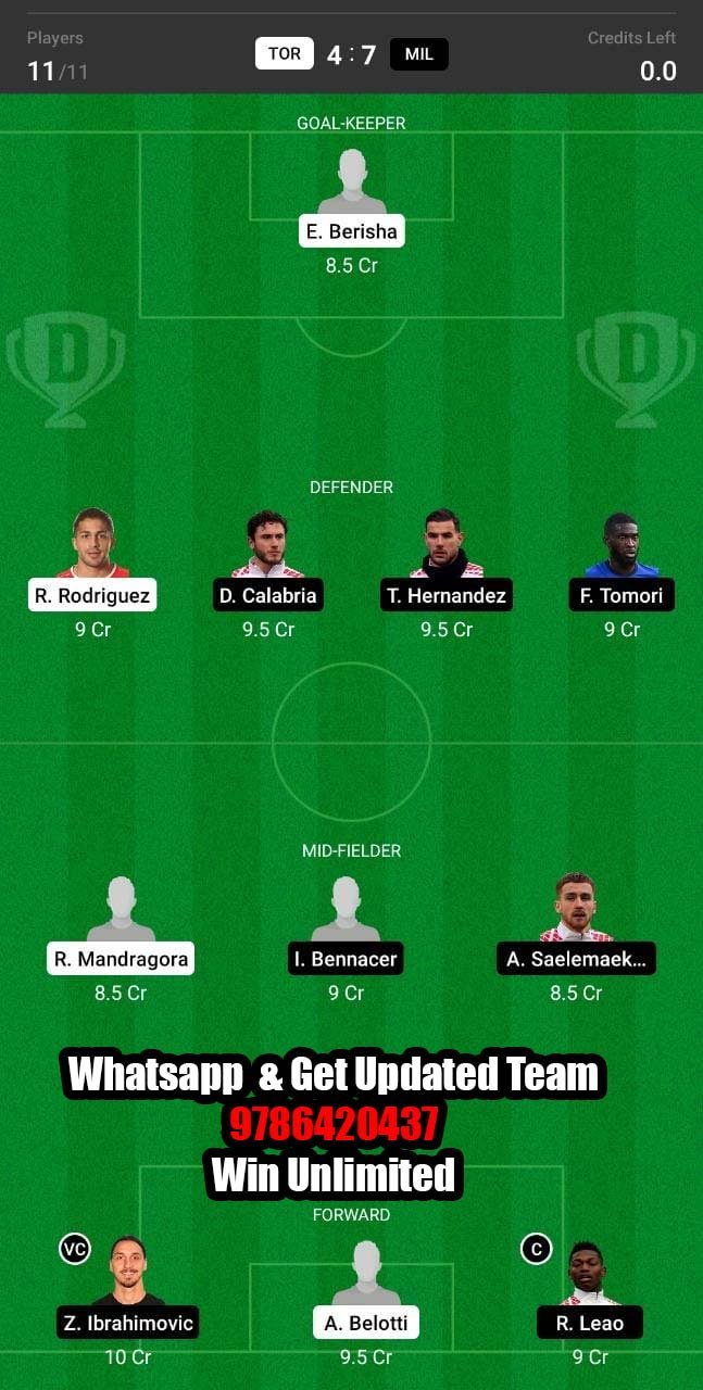 TOR vs MIL Dream11 Team fantasy Prediction Serie A