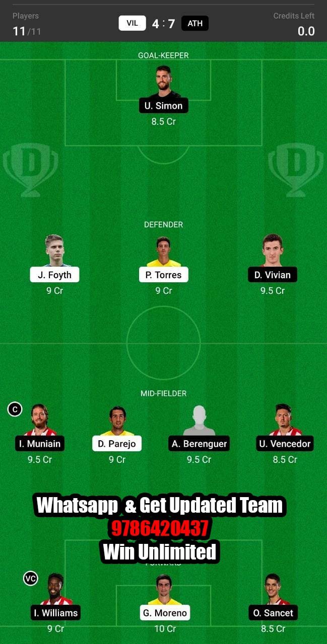 VIL vs ATH Dream11 Team fantasy Prediction LaLiga Santander