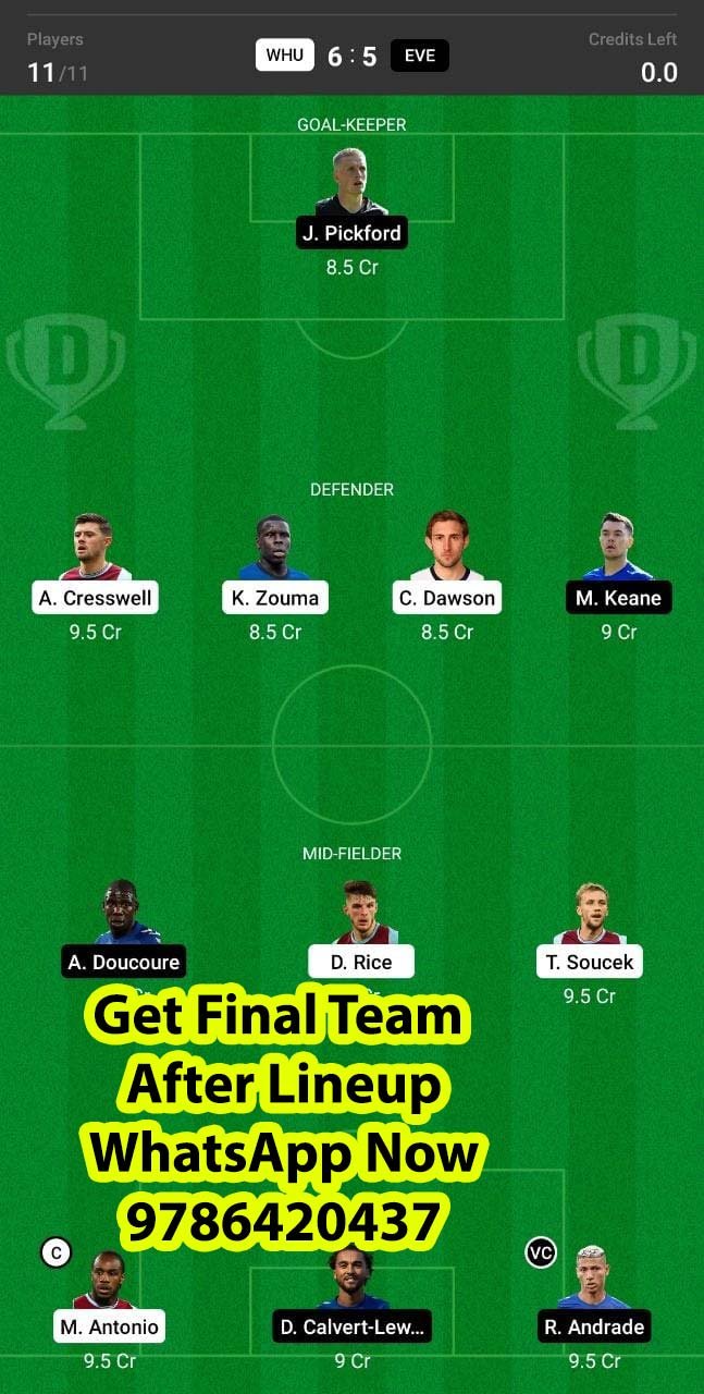 WHU vs EVE Dream11 Team fantasy Prediction Premier League