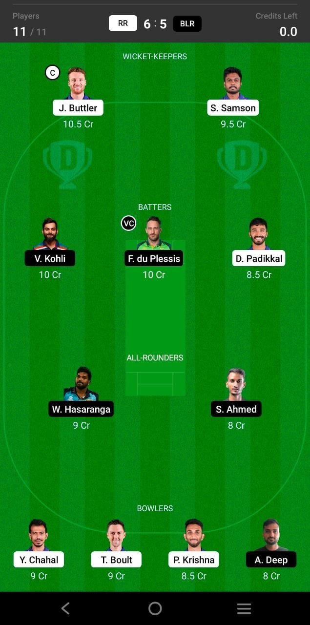 ​RR vs BLR 13th Match Dream11 Team fantasy Prediction TATA IPL