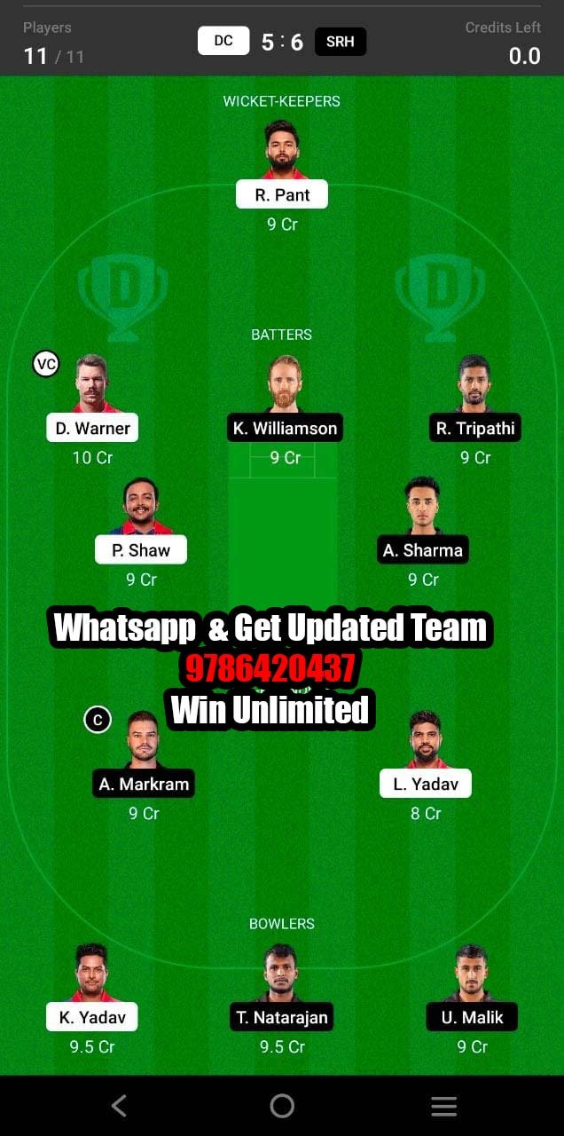 DC vs SRH 50th Match Dream11 Team fantasy Prediction TATA IPL