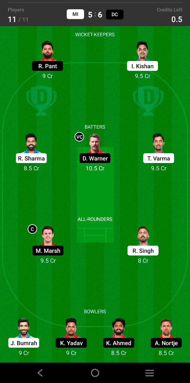 MI vs DC 69th Match Dream11 Team fantasy Prediction TATA IPL