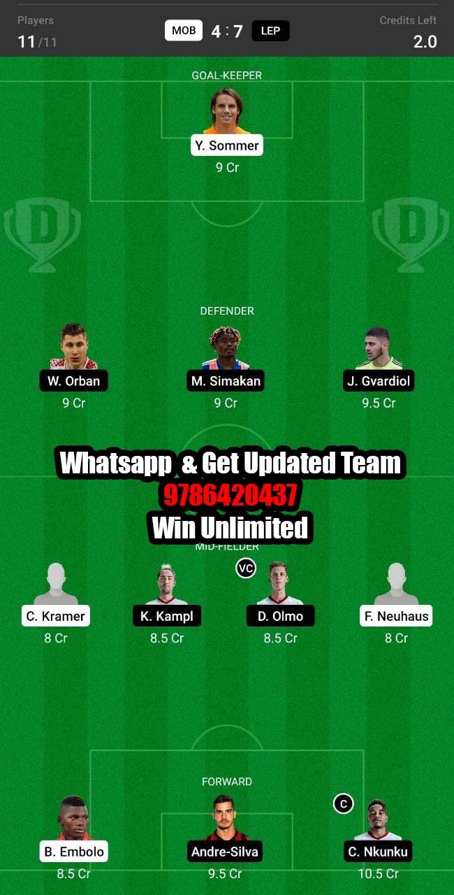 MOB vs LEP Dream11 Team fantasy Prediction Bundesliga