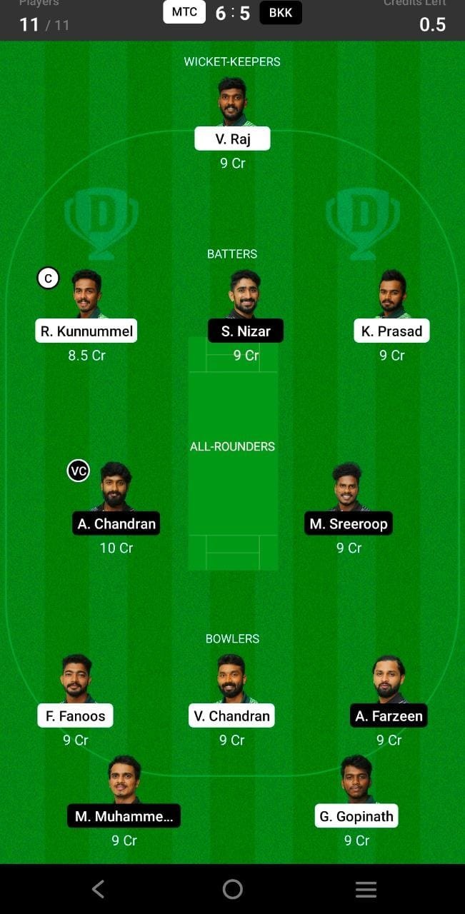 MTC vs BKK 26th Match Dream11 Team fantasy Prediction BYJU'S KCA Club Championship T20