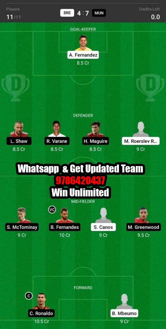 MUN vs BRE Dream11 Team fantasy Prediction Premier League